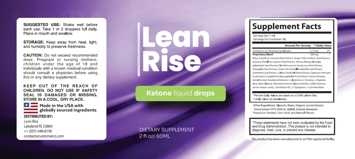 LeanRise supplement facts label showing thermogenic ingredient list and dosage